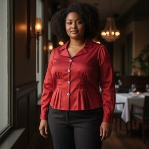 CHETTA B sz 12 Blouse Dramatic Shiny Sparkle Buttons Flattering Waist Red